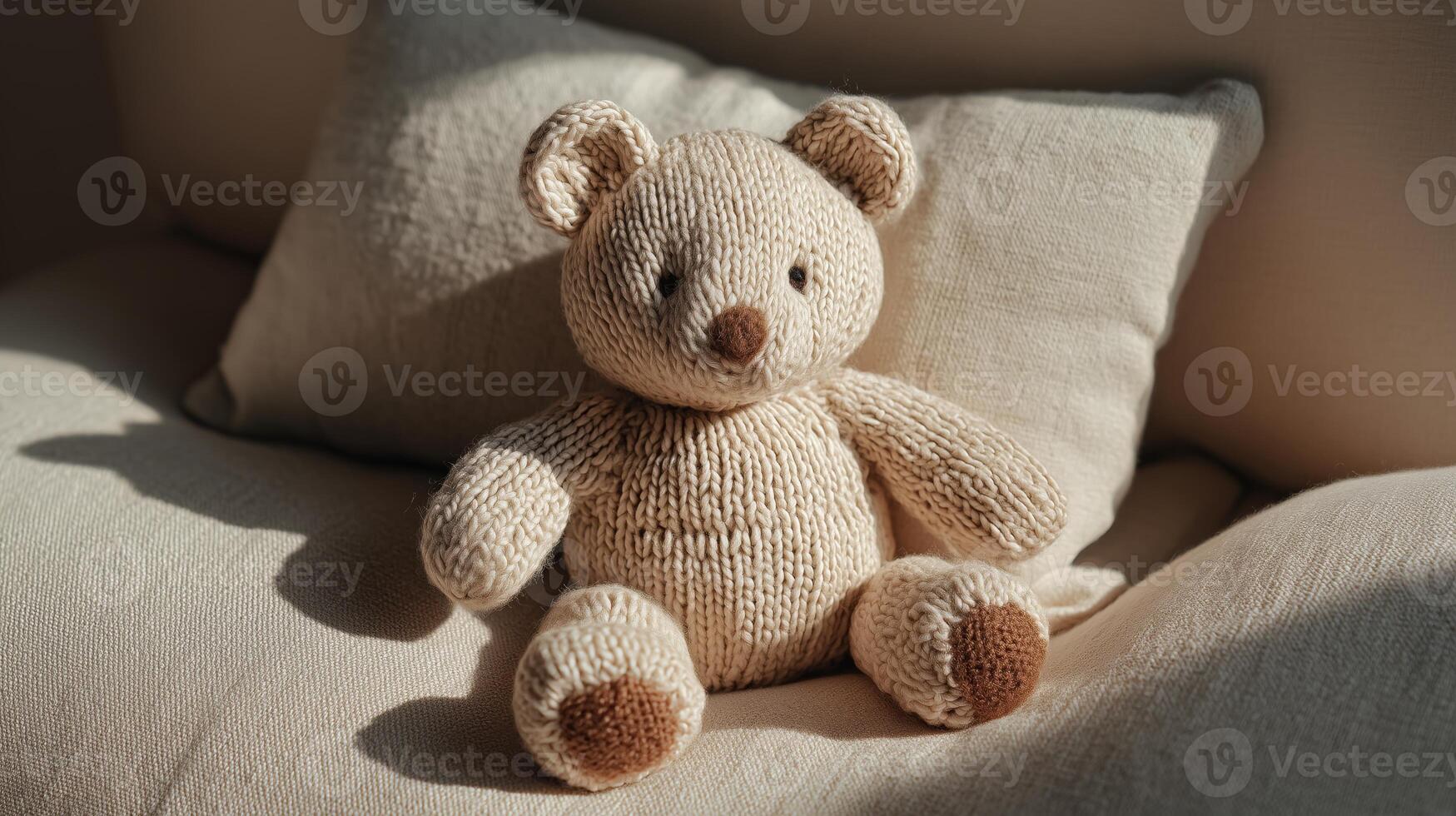 A soft, knitted teddy bear sits on a light-colored sofa next to a plush pillow. The bear has a beige body with brown accents on its ears and paws. photo