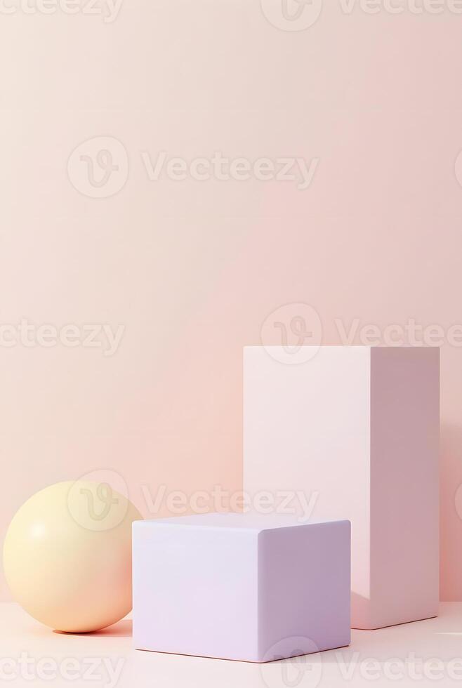A minimalist display features a pale yellow sphere and a light purple cube resting on a soft pink cube against a matching seamless background photo