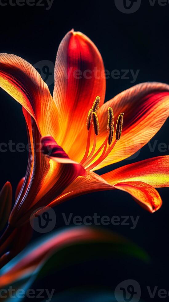 Exquisite fire lily petals under macro lens reveal vibrant colors photo