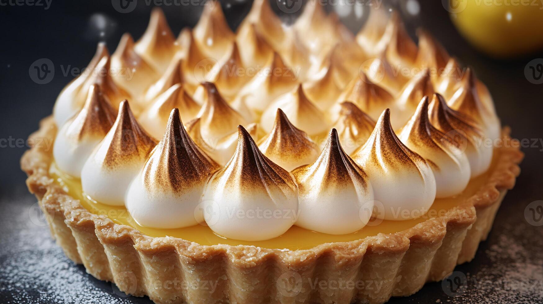 Ultra-realistic close-up of a Lemon Meringue Tart showcasing golden peaks photo