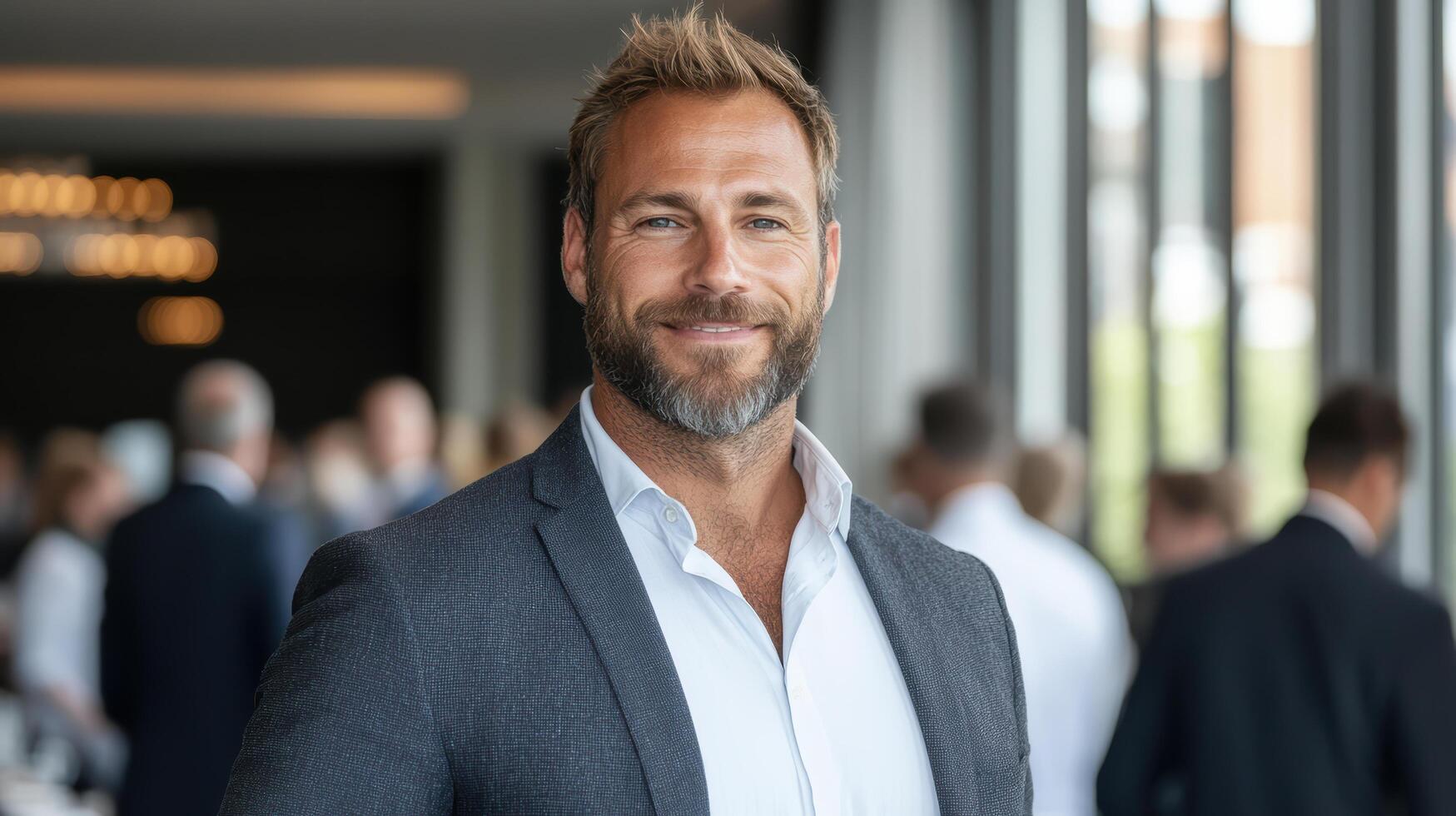 A man with a beard and a suit standing in front of a crowd photo