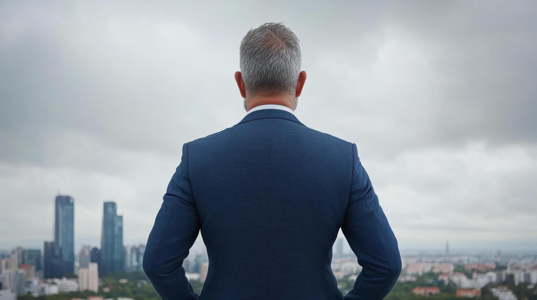 Rear view of businessman looking at cityscape with cloudy sky photo