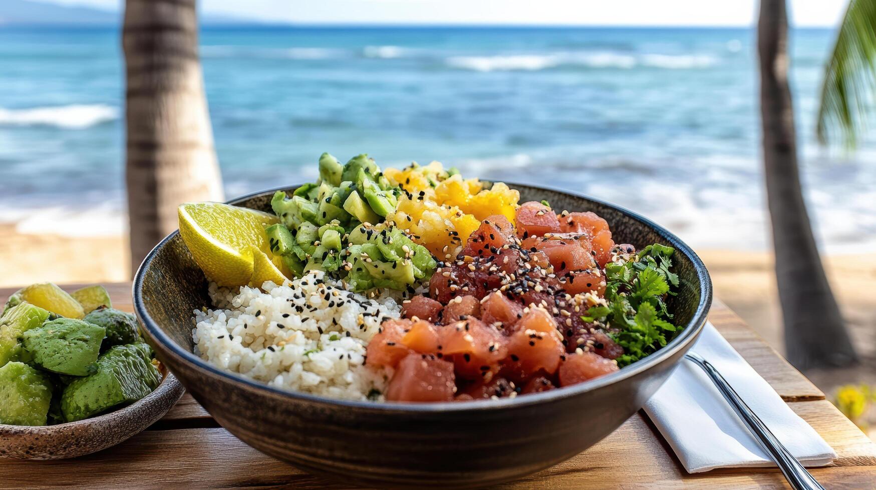 A bowl of sushi with a bowl of rice and a bowl of fruit photo
