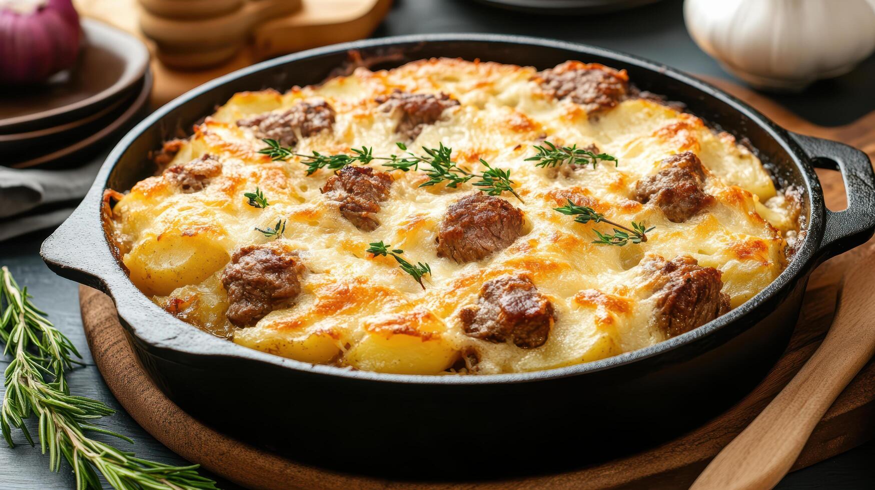 A pan with potatoes and meat is on a table photo