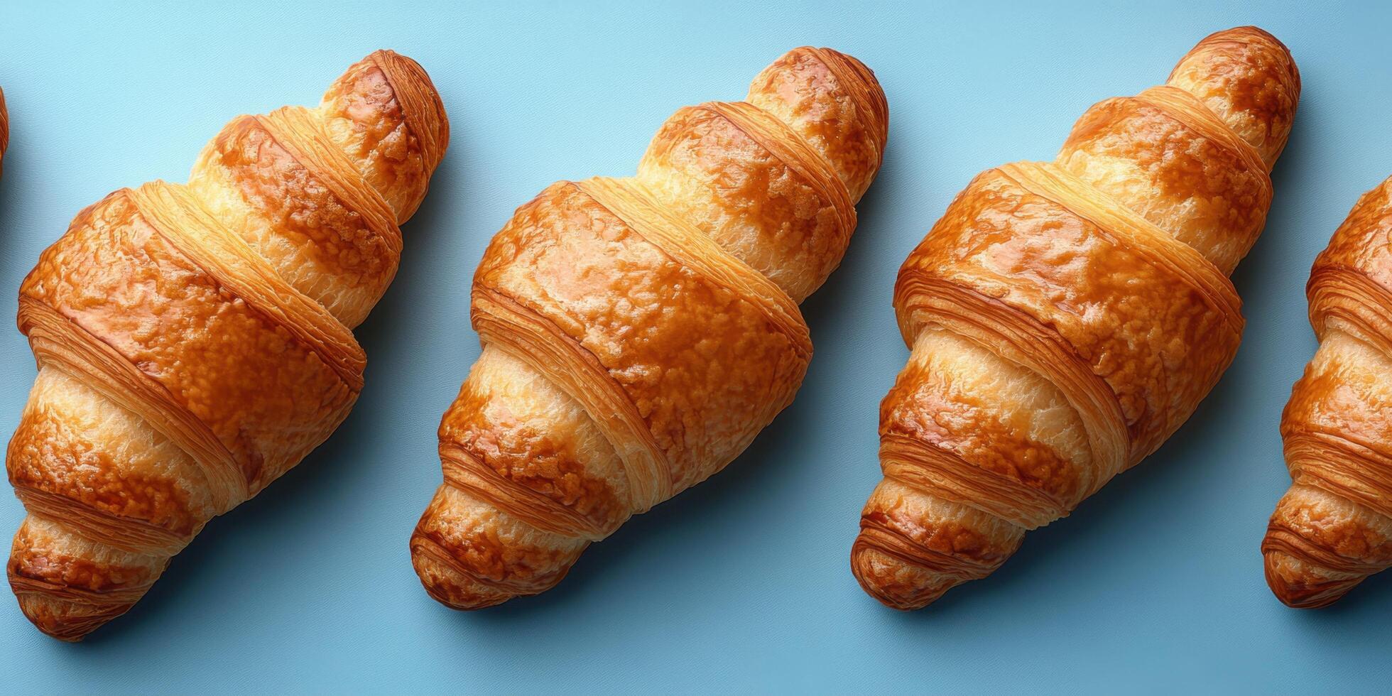 Freshly baked croissants arranged on a light blue surface for a delightful breakfast display photo