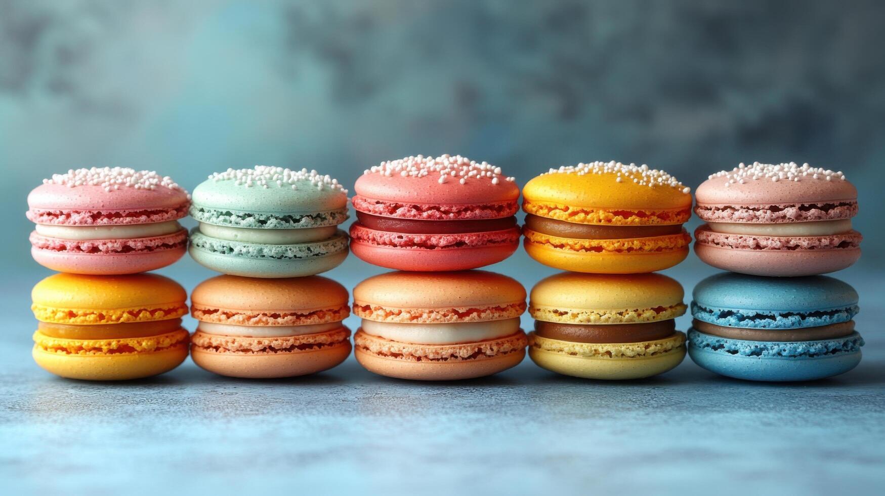 Colorful macarons arranged neatly on a blue background showcasing intricate designs and vibrant hues photo