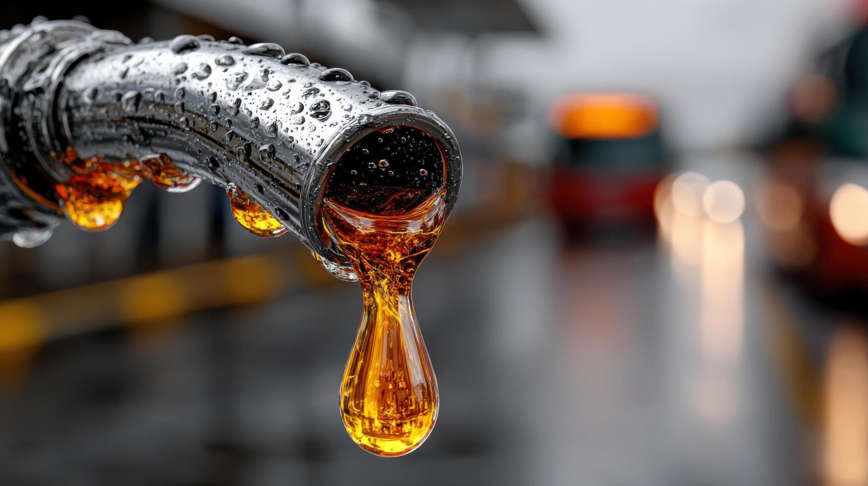 Fuel nozzle with dripping liquid during rainy weather at a filling station in the city photo