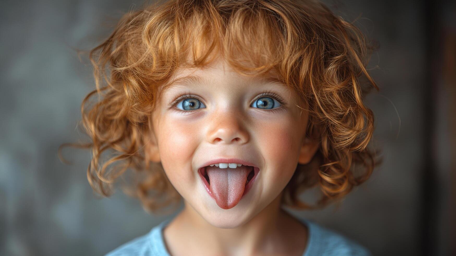 Young child with curly red hair playfully sticking out tongue and smiling against a textured background in a cozy setting photo