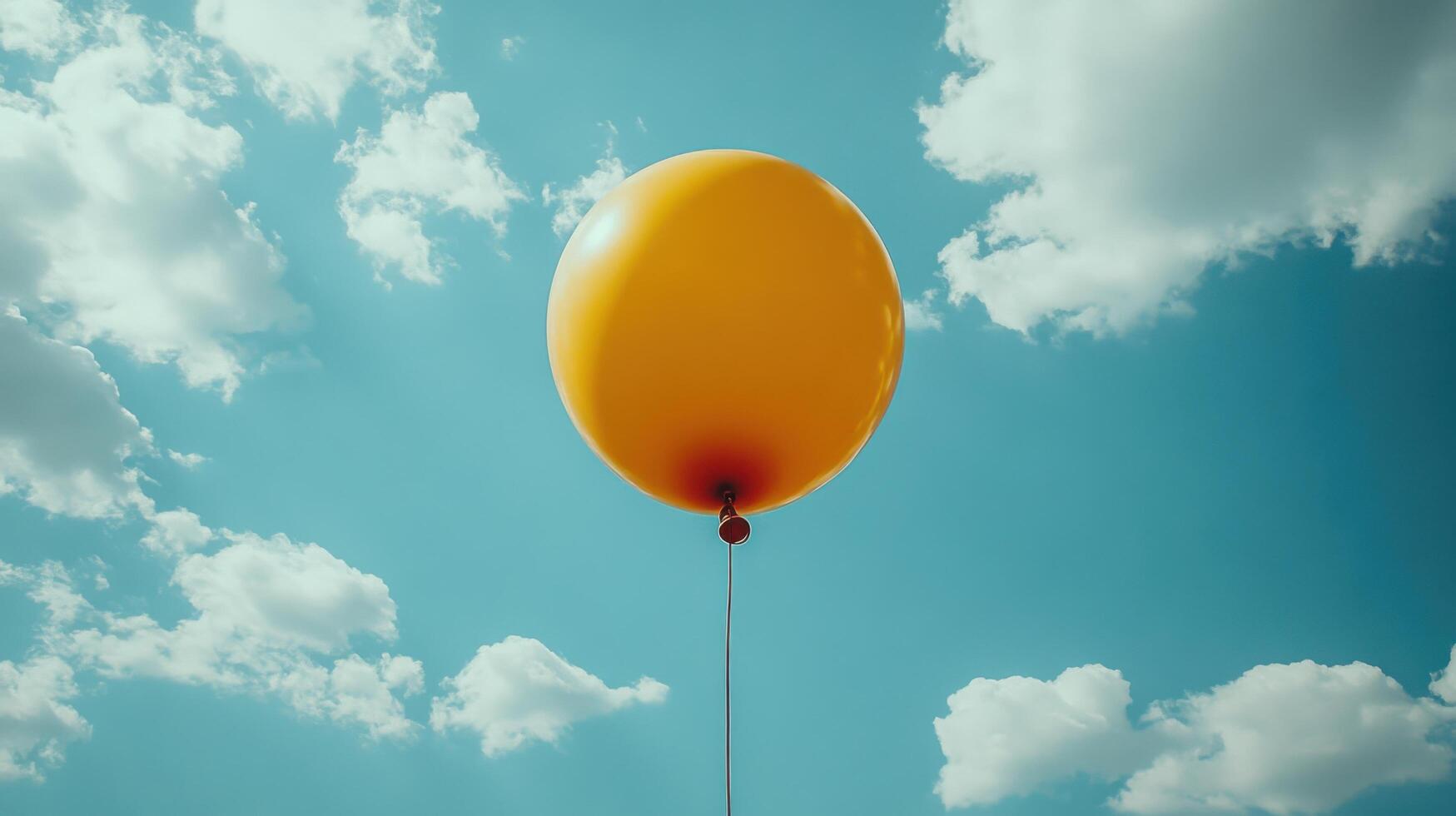 Bright yellow balloon floats against a clear blue sky with fluffy white clouds during a sunny day photo
