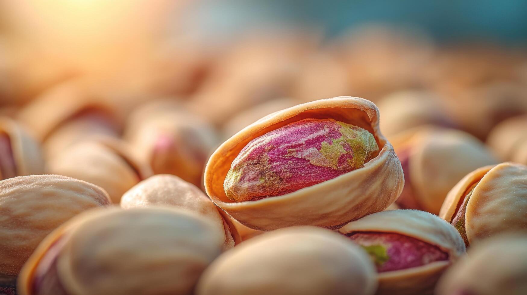 Close-up view of colorful pistachios resting on a wooden surface during golden hour light photo