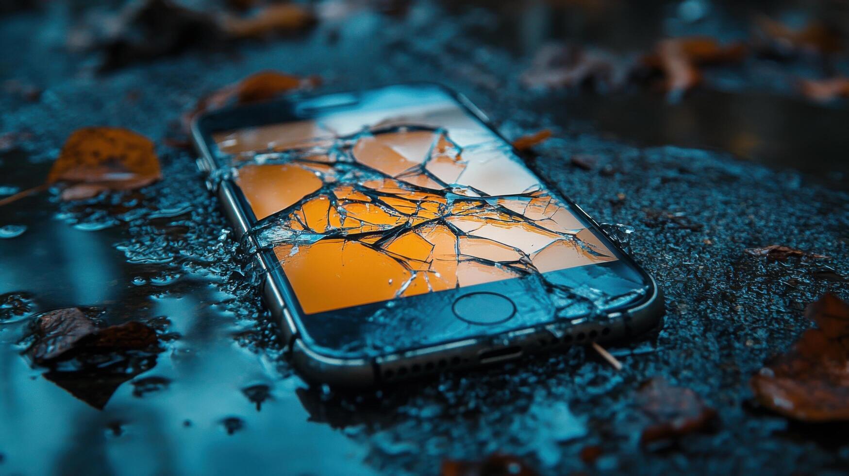Damaged smartphone lies in water with cracked screen during sunset after being dropped outdoors photo