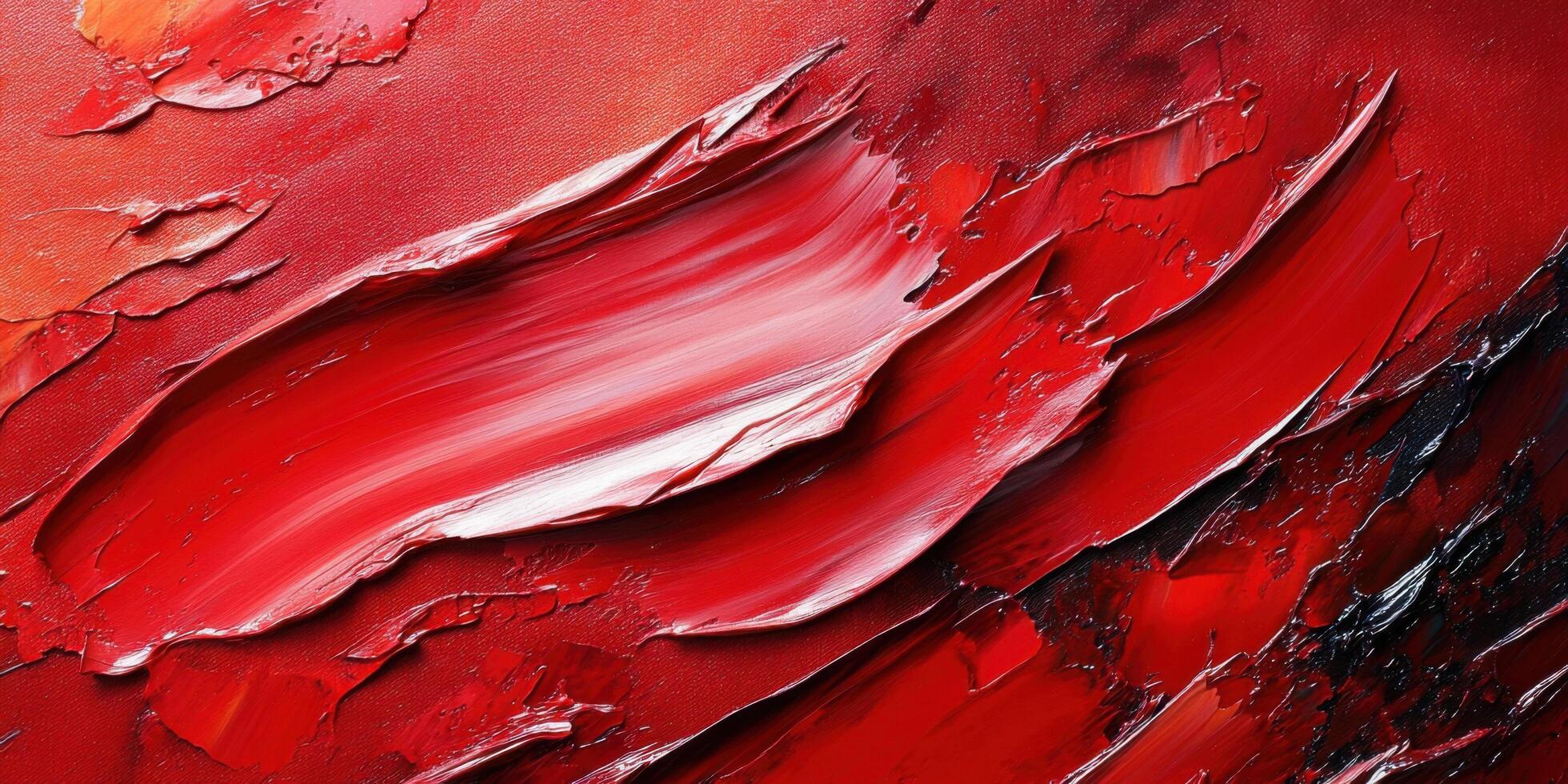 Vibrant red abstract painting with textured layers and dynamic strokes depicting movement and energy in modern art photo