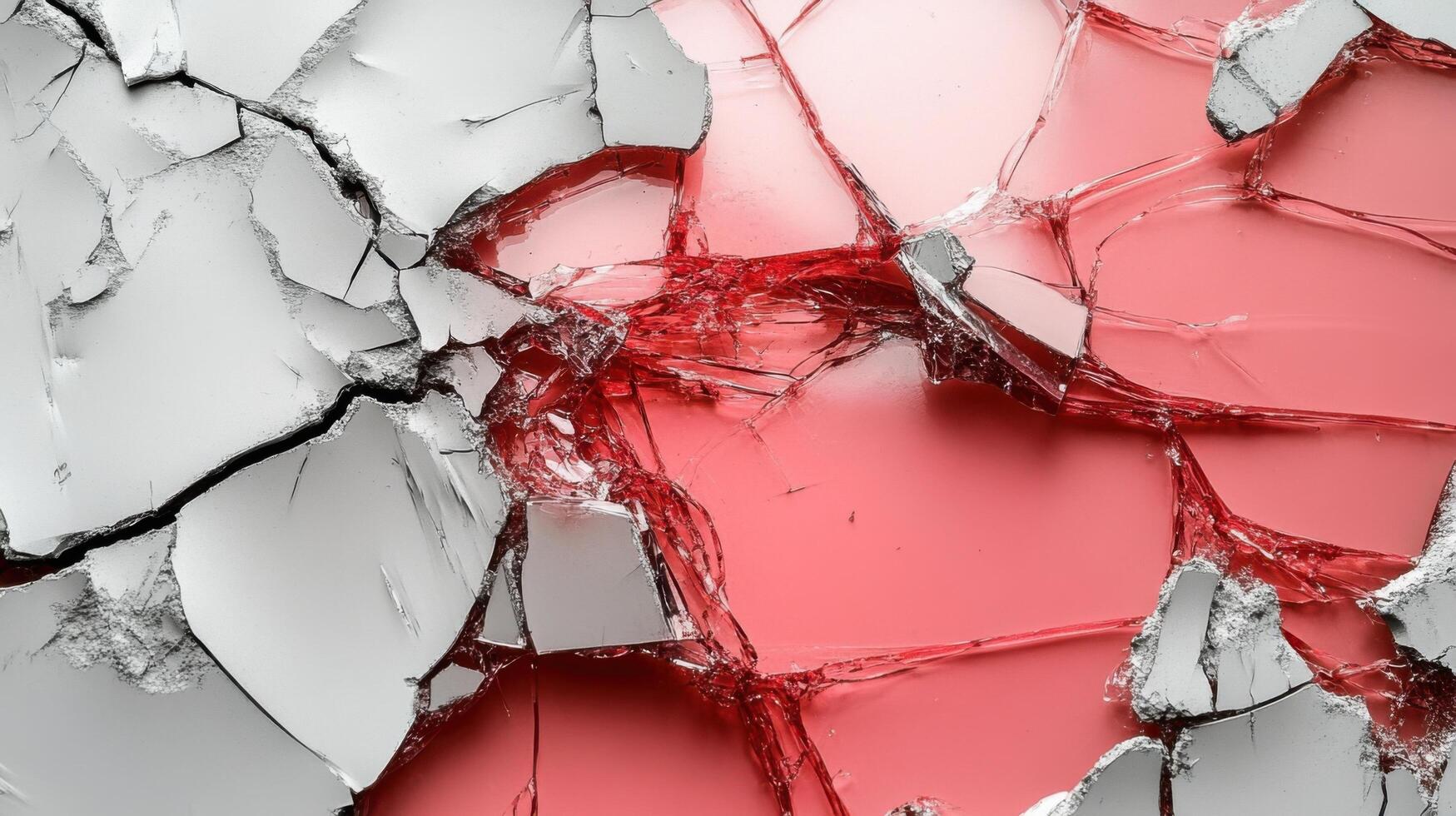 Shattered glass fragments with a red and white color contrast illuminating intricate details in the patterns at midday photo