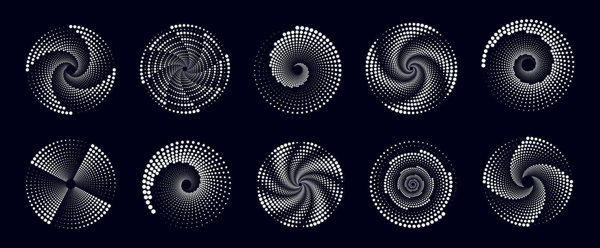 Set of white halftone dotted circles. Illustration of abstract white spiral circles with dots isolated on dark background. Circular logo. Poster. Banner. Design element. vector