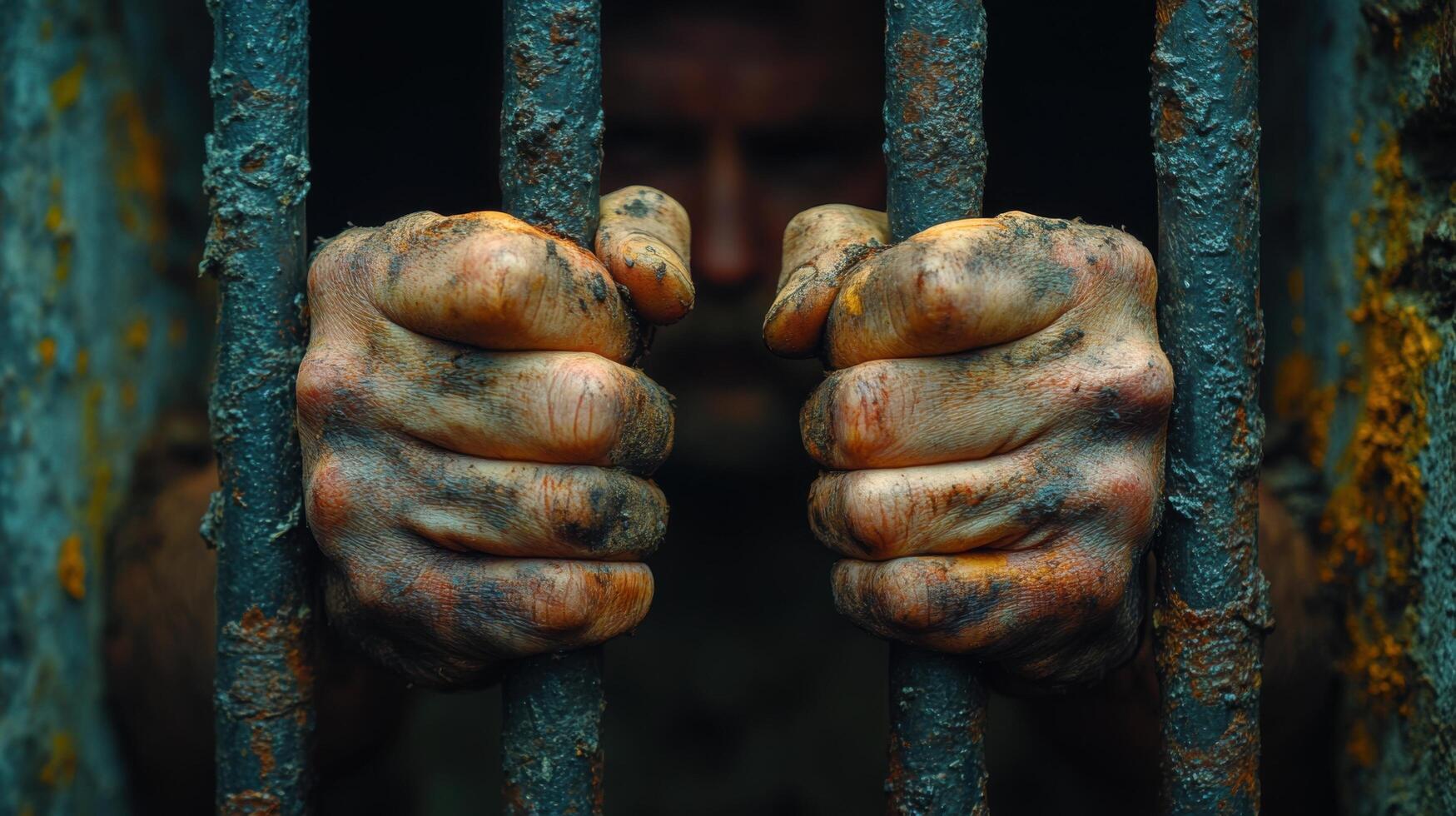Hands gripping rusted prison bars suggesting confinement and despair in a dark cell with a sense of isolation and fear photo