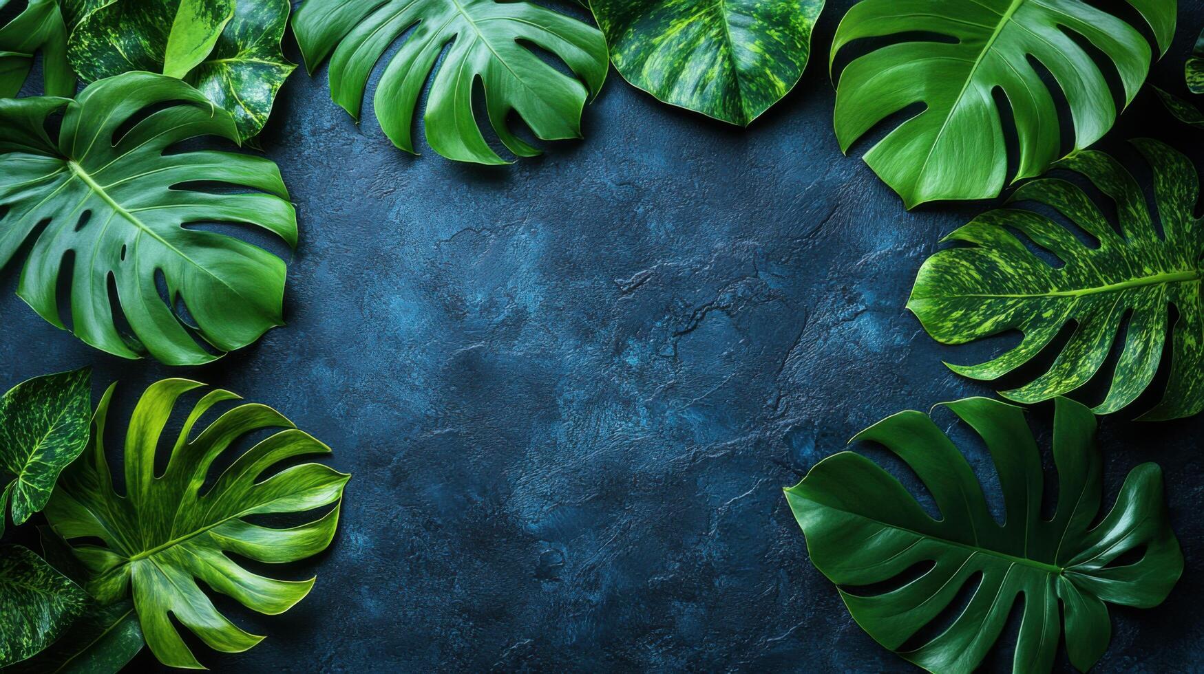 Lush green leaves arranged on a dark textured surface creating a serene natural backdrop for design photo