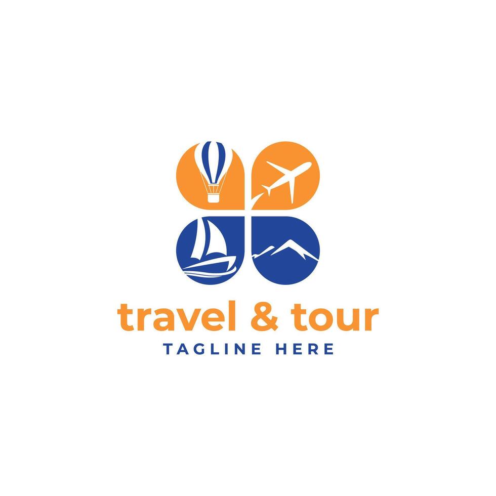 Travel and tour creative logo design modern minimal concept airplane boat mountain balloon vector