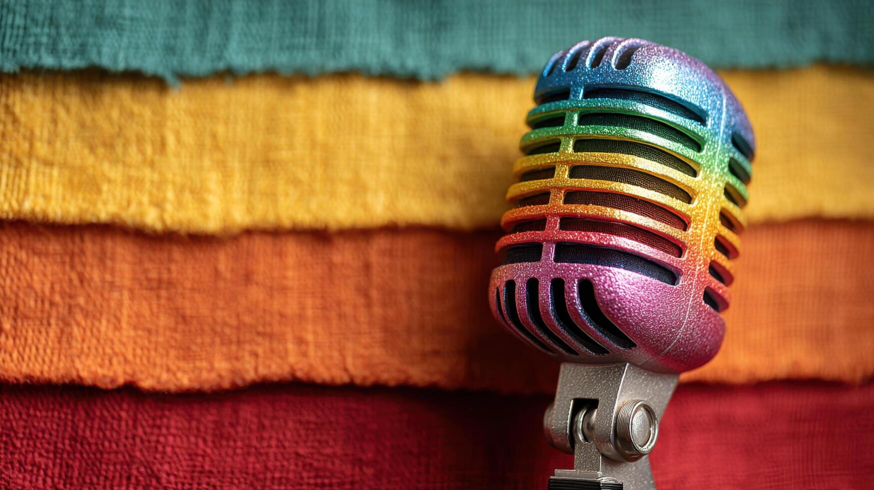 Colorful retro microphone placed in front of vibrant textile backdrop in creative space photo