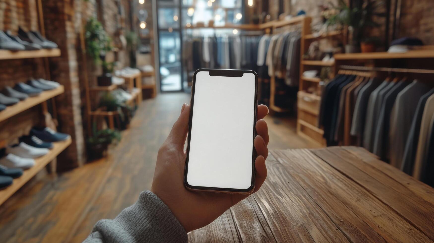 Hand holding smartphone in clothing store showcasing products and style choices photo