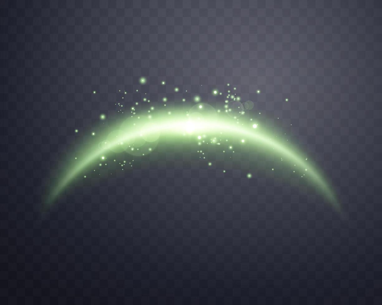 Green magic arch with glowing particles, sunlight lens flare. Neon realistic energy flare arch. Abstract light effect . vector