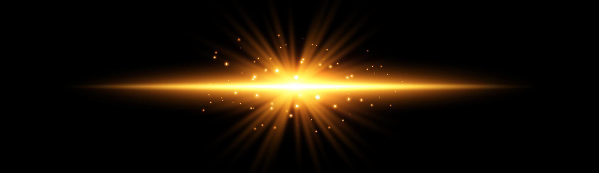 Orange horizontal reflection, lensflare. Light flash with rays or golden spotlight and particles. Yellow glow light effect. illustration. Isolated on black background. vector