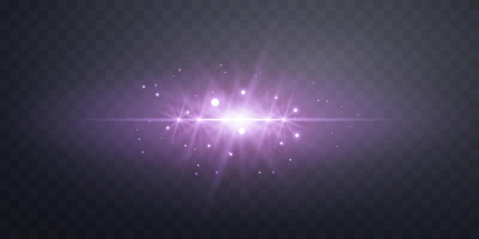 Purple horizontal lensflare. Light flash with rays or violet spotlight and bokeh. Glow flare light effect. illustration. Isolated on background. vector
