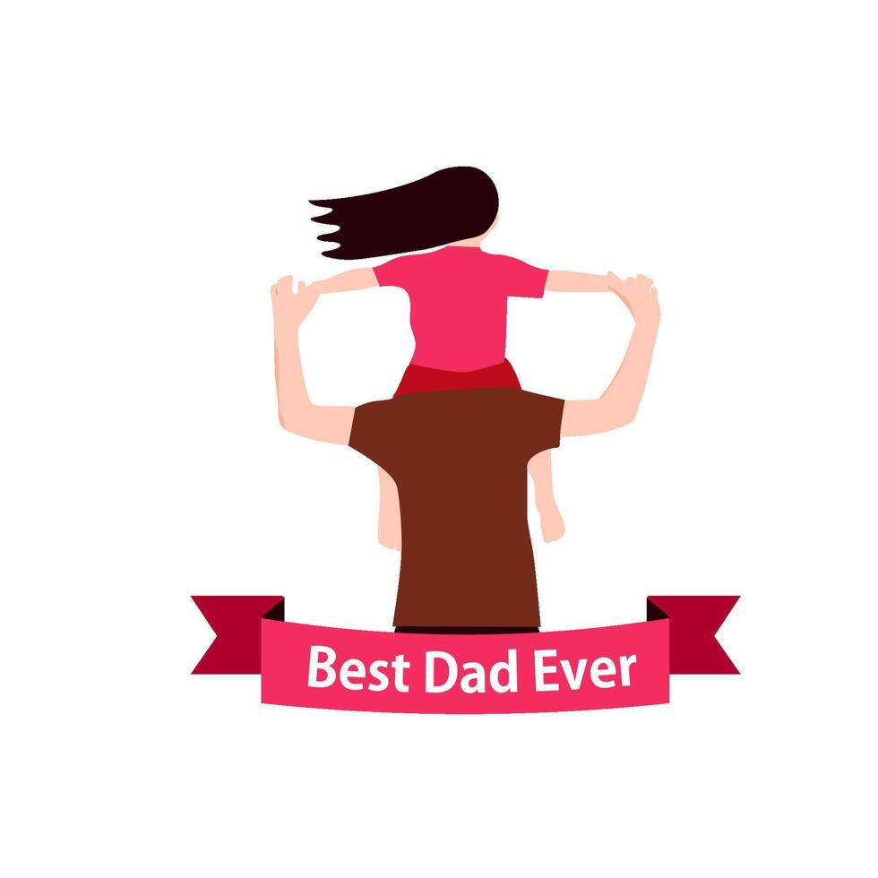 A joyful flat of a father carrying his daughter on his shoulders with a ribbon saying Best Dad Ever. This illustration captures happiness. vector