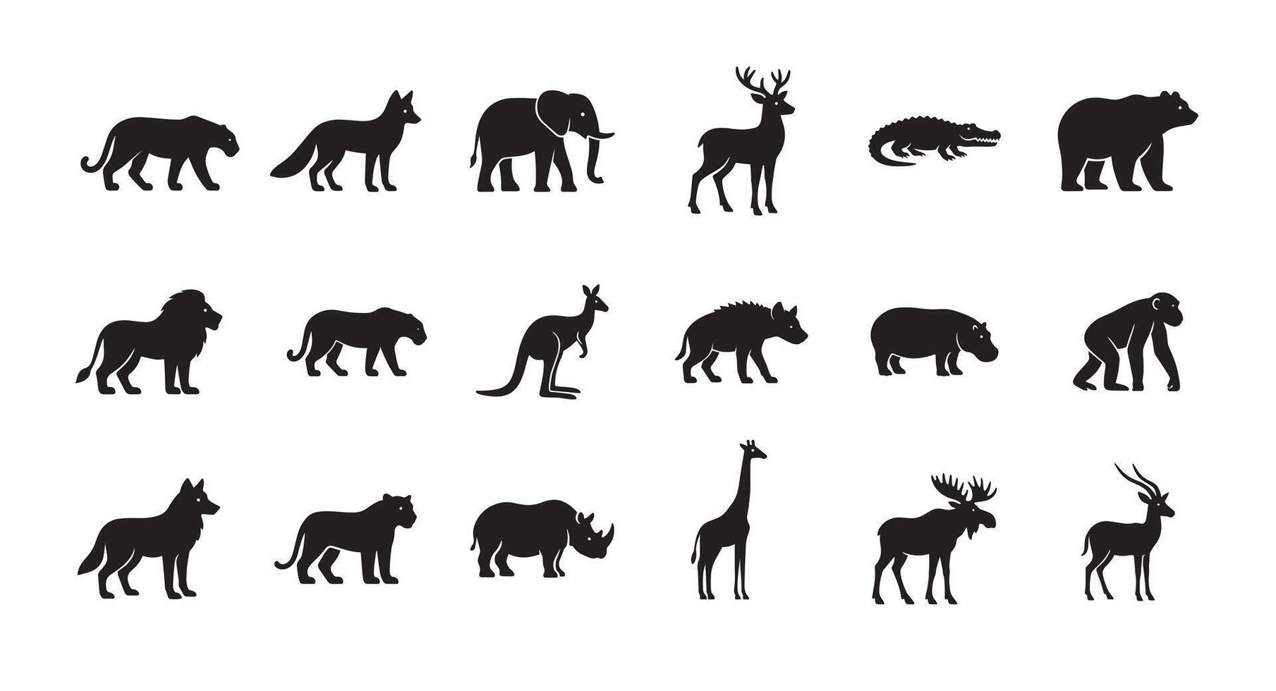 Wild animal black silhouette design bundle, set of wildlife elephant, tiger, lion, giraffe, deer, Chimpanzee, fox creature logo icon, clip art symbol vector
