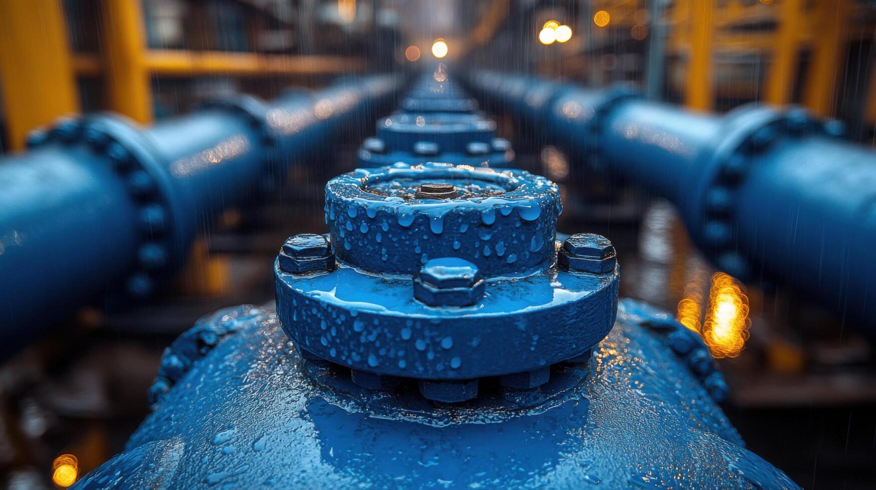 Pipes and valves glisten with rainwater at an industrial facility during early morning hours photo