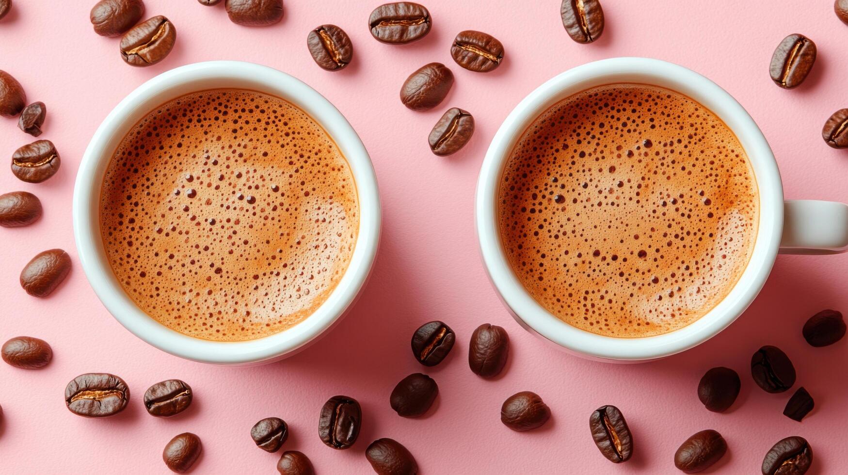Warm coffee cups on a pink background surrounded by roasted coffee beans creating a cozy atmosphere photo