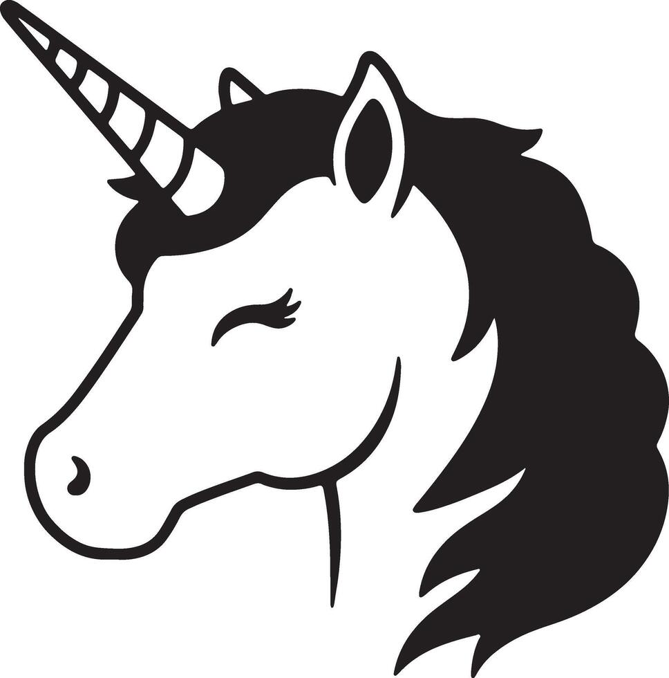 Black and white unicorn head with closed eyes simple illustration vector