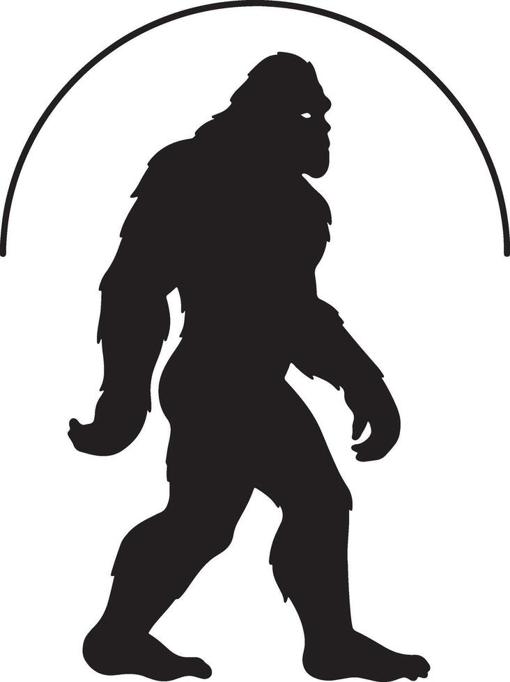 Silhouette of a bigfoot walking against a white background with a semicircle element vector