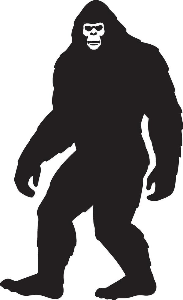 Silhouette of a bigfoot creature in black and white walking forward on a white background. vector