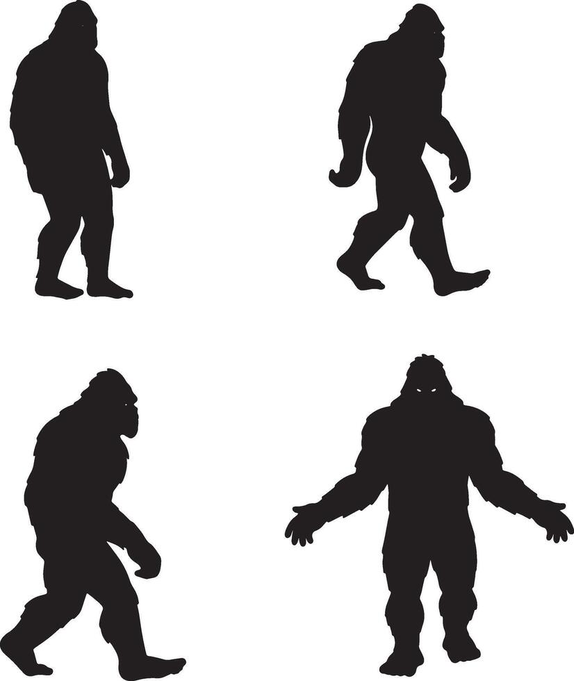 Silhouetted bigfoot poses in various actions isolated on white background vector