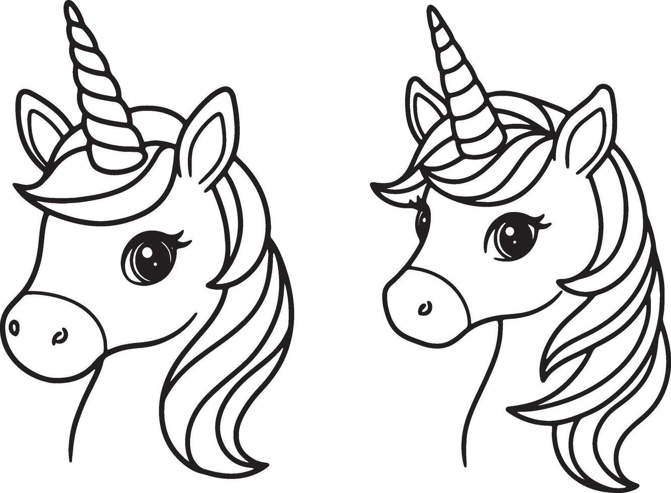 Two cute magical unicorn heads in outlined black and white design for coloring or decorative use vector