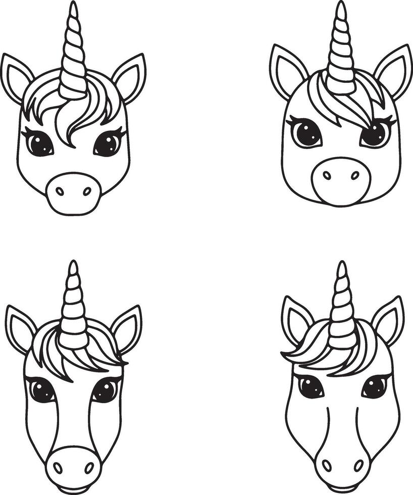 Four cute cartoon unicorn head outlines in a simple black and white style ready for coloring vector