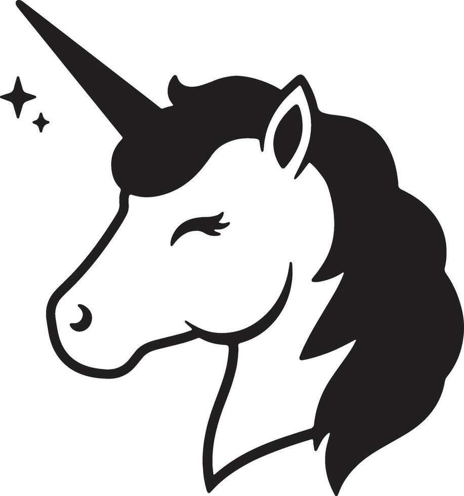 Black and white unicorn head silhouette with a smiling expression and sparkling star accents vector