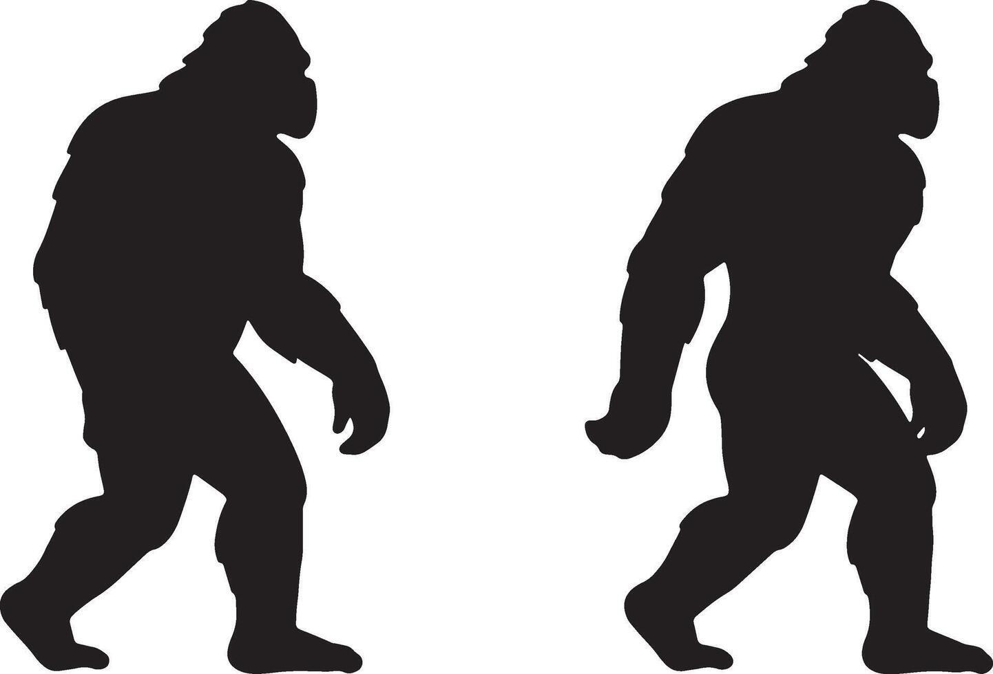 Silhouette depiction of two bigfoot creatures walking in a black and white isolated illustration vector