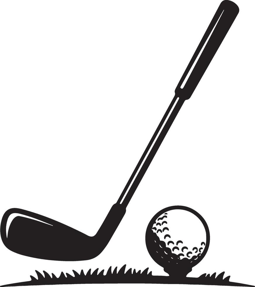 A silhouette illustration of golf club and ball resting on green grass ready to play vector