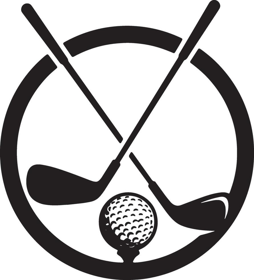 Golfing emblem showcasing crossed golf clubs with ball and circle design elements vector