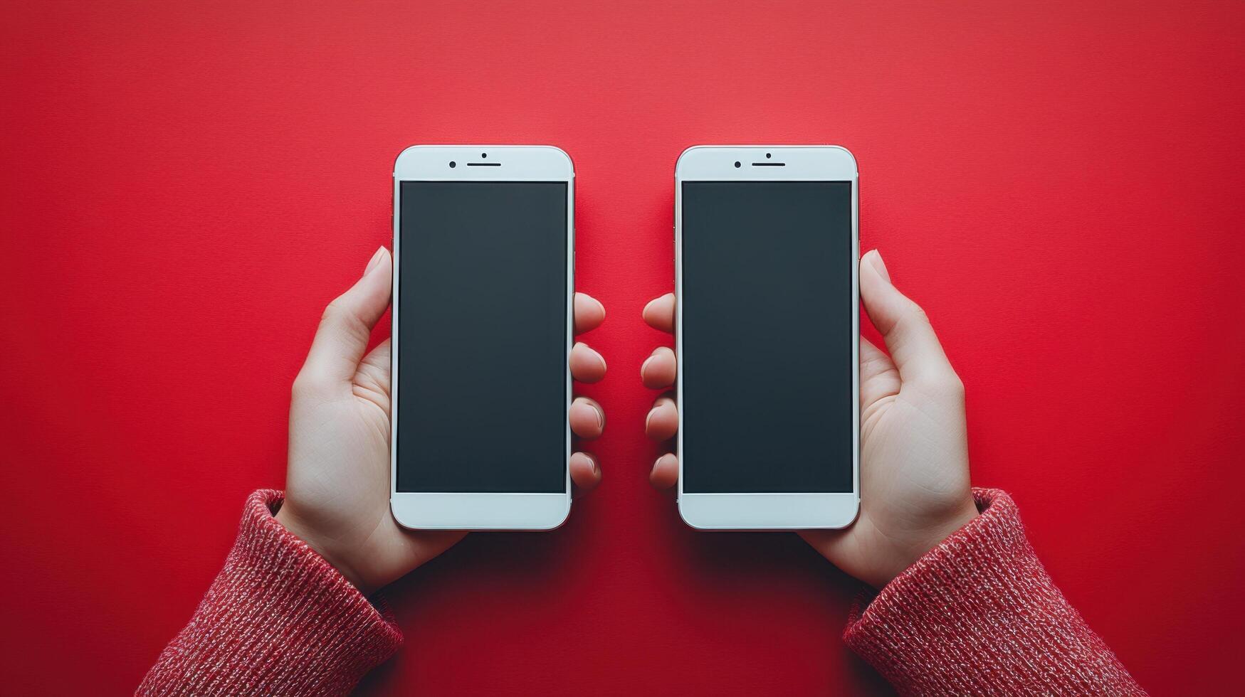 Hands holding two identical smartphones against a vibrant red backdrop during a tech showcase event photo