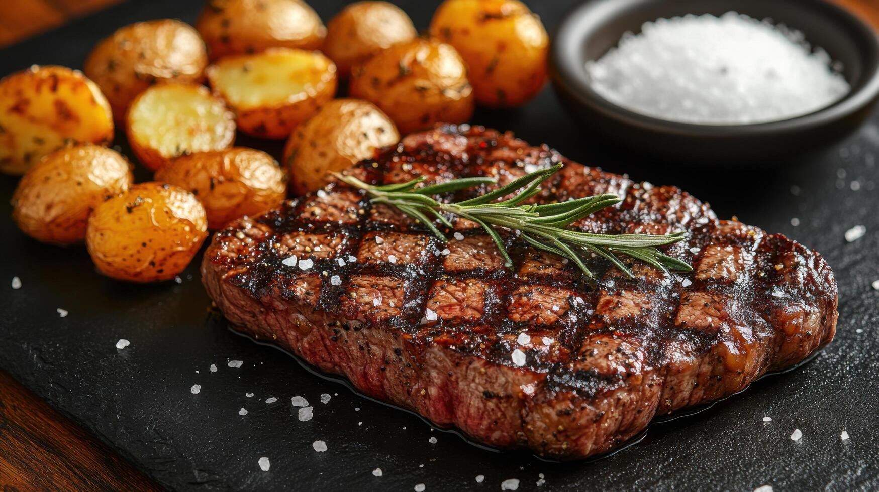 Juicy grilled steak served with roasted potatoes and herbs on a black slate plate in a rustic setting photo