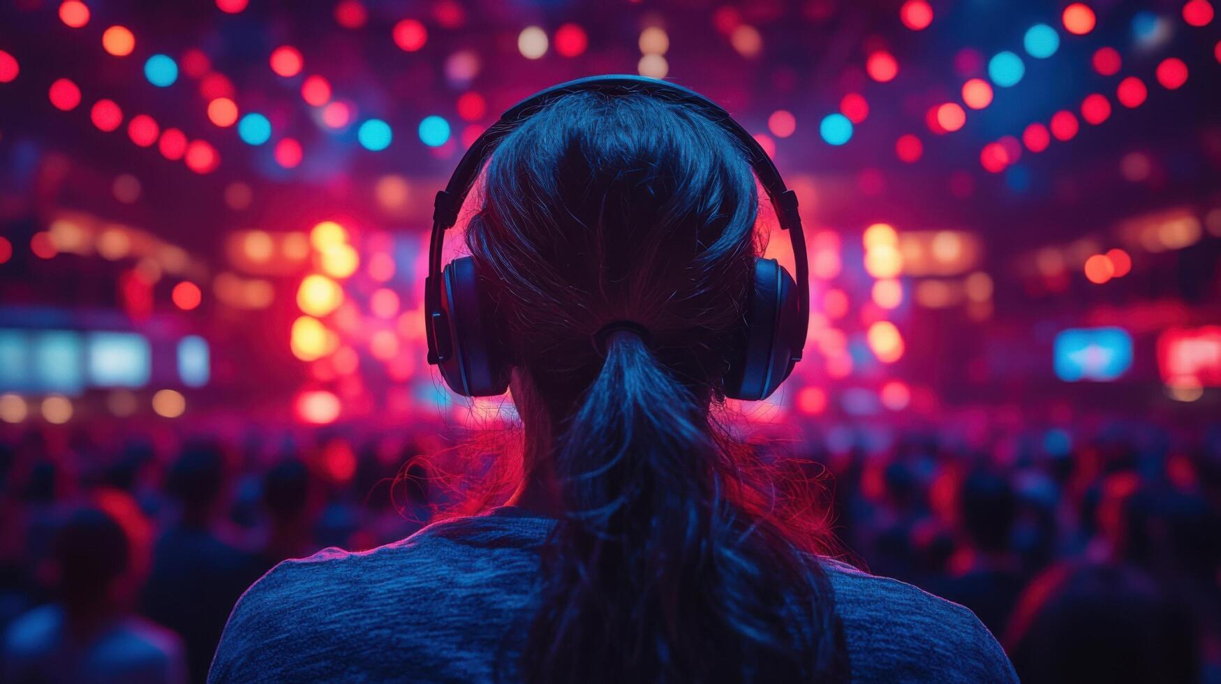 Enjoying vibrant music at a lively concert venue in the evening with colorful lights photo