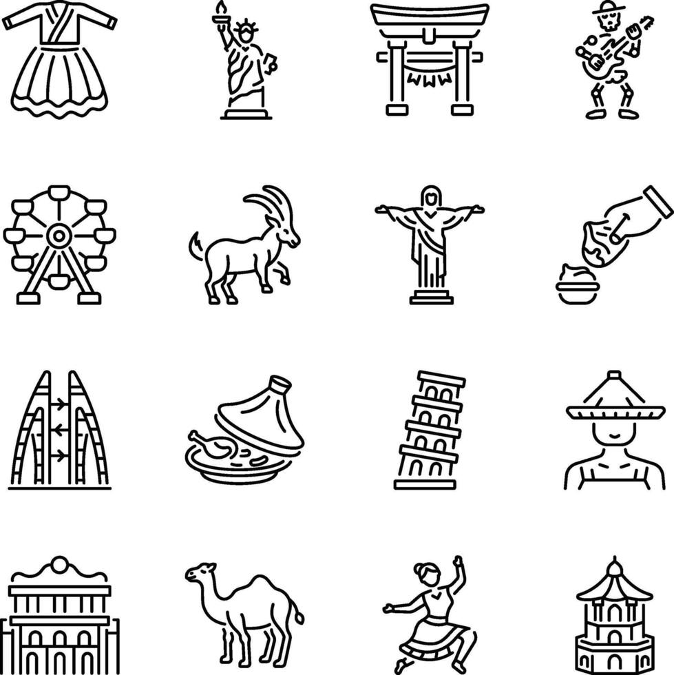Set of Linear Style Country Artwork Icons vector
