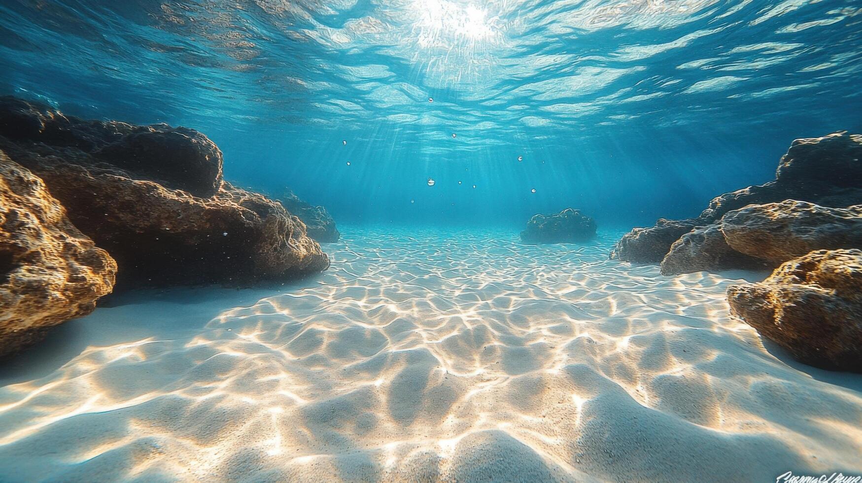 Sunlight filters through clear water over a sandy ocean floor with rocky formations photo