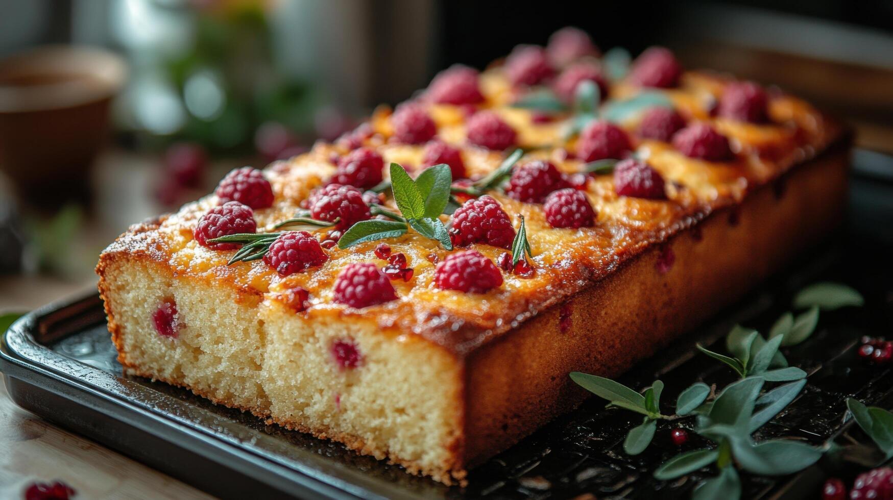 Delicious homemade cake topped with fresh raspberries and herbs on a dark cooling rack photo