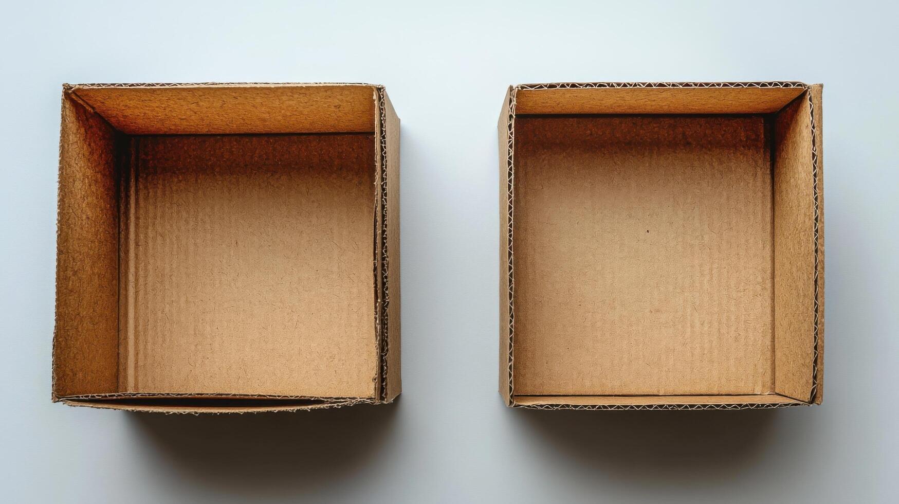 Two empty cardboard boxes placed side by side on a white surface showcasing their simple design and structure photo