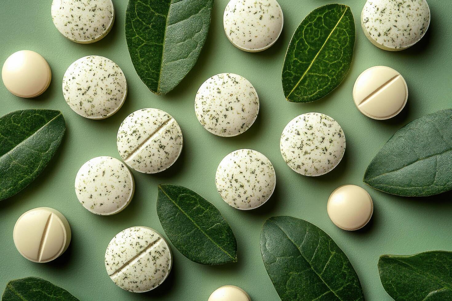 green leaves and pills on a green background photo