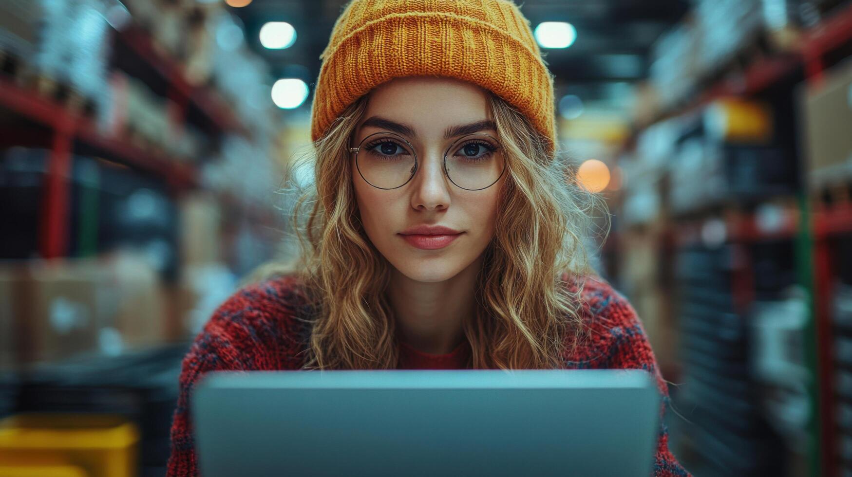 Young woman working on a laptop in a warehouse during the evening hours while wearing a knit hat and glasses photo