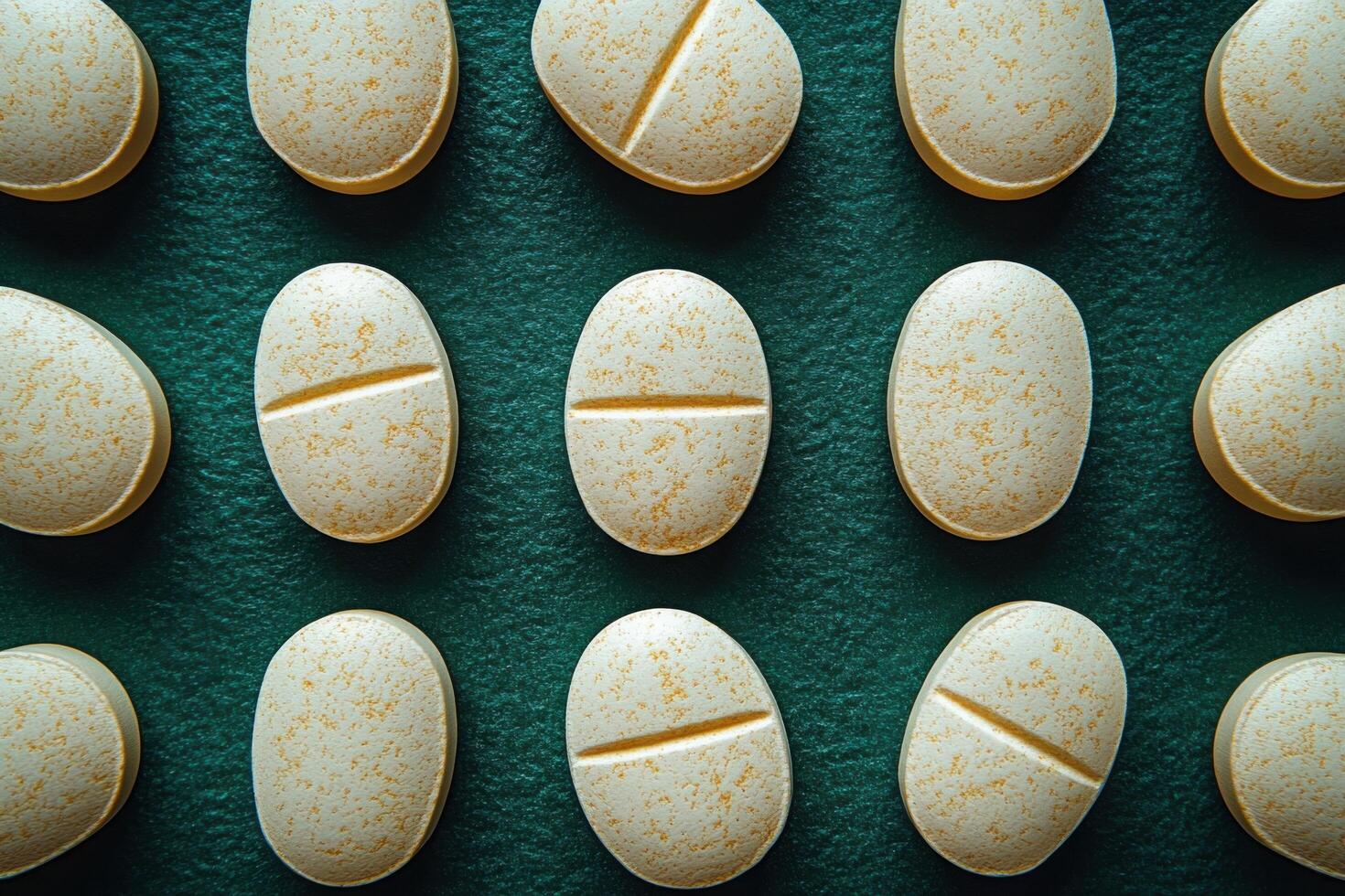 many pills arranged in a row on a green surface photo